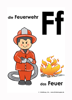 F wie Feuerwehr und Feuer Poster und Ausmalbild farbig