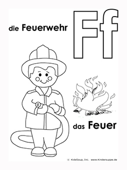 F wie Feuerwehr und Feuer Poster und Ausmalbild Kinder
