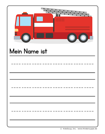 Feuerwehr mein Name schreiben Übungsblatt Feuerwehrauto Kindergarten