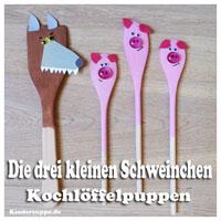 Die drei kleinen Schweinchen und der Wolf Kochlöffelpuppen